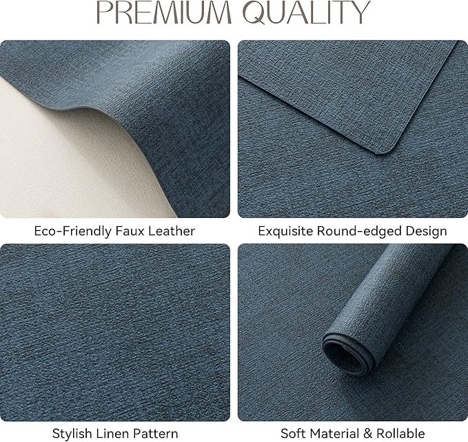 Romanstile Vinyl Placemats Set of 4-12 X 17 Inch - Heat Resistant Place Mats 100% Waterproof Oilproof Wipeable Reversible Faux Leather Table Mats for Kitchen, Dining, Party, Outdoor, Navy Blue