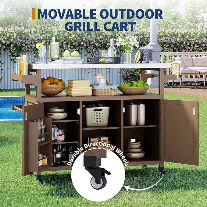 Garvee Outdoor Grill Cart with Storage, Outdoor Bar Cart Rolling BBQ Movable Pizza Oven Table Stand, Kitchen Island Carts with Stainless Steel Top, Spice Rack, Towel Rack & Storage Cabinet, Coffee