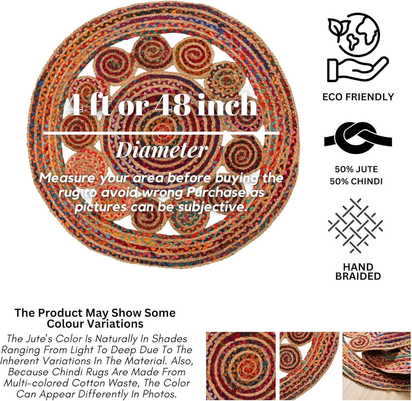 4' Round Handwoven Jute Chindi Area Rug - Colorful Boho Rugs for Living Room - Hand Braided Multicolor Bohemian Rug for Farmhouse, Bedroom, Dining Room, Classroom, Hallway, Kitchen, Office