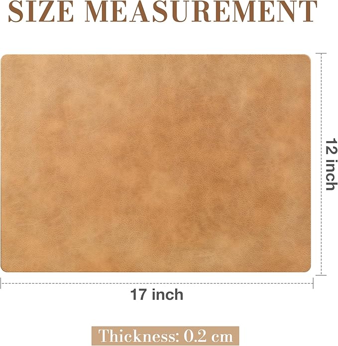Roxifina Faux Leather Placemats Set of 4 - Vinyl Placemats Wipeable Waterproof Oil-Proof PU Place Mats Heat Resistant Reversible Table Mats for Dining, Kitchen, Outdoor, 12 x 17 Inch (Camel)