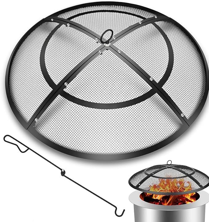 Fire Pit Spark Screen,36 Inch Fire Pit Screen Cover Outdoor with Handle&Poker,Heavy-Duty Steel Firepit Screens Cover Round Mesh Replacement for Backyard/Beach/RV Camping