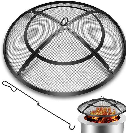 Fire Pit Spark Screen,40 Inch Fire Pit Screen Outdoor with Handle&Poker,Heavy-Duty Steel Fire Pit Cover Mesh Round Replacement Firepit Screens for Backyard/Beach/RV Camping