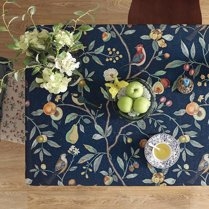 Linen Table Cloth Rectangle,Wrinkle Resistant French Blue Tablecloth Print with Froal,Decor Stitch Table Cloth for Thanksgiving,Dining Room,Home,Kitchen 55" × 87"-DeweyA Blue