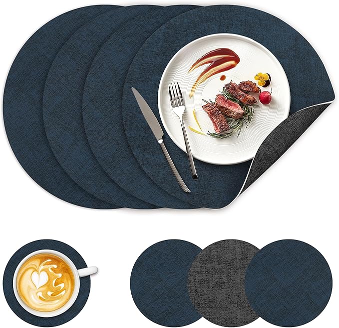 13" Round Placemats Set of 4, NCUE Dual-Sided Faux Leather Heat Resistant Table Mats, Waterproof Oilproof Washable Protective Table Placemats with Coaster, Wipeable Vinyl for Indoor & Outdoor Use