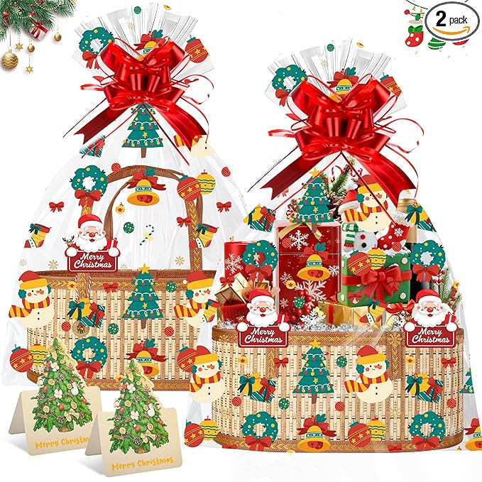 2 Set Baskets for Gifts Empty, Large Bamboo Christmas Gift Baskets with Handle, Foldable Woven Holiday Baskets for Gifts, DIY Gift Wrapping Set, Reusable Decorative Xmas Basket Kit
