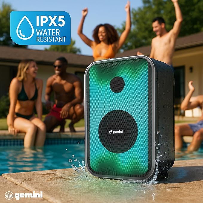 Gemini Portable Bluetooth Party Speaker with LED Lights - 600W Peak Power, 6Hr Battery, IPX5 Waterproof, USB/AUX/FM Radio for Outdoor BBQ Pool Parties (GNV-60)