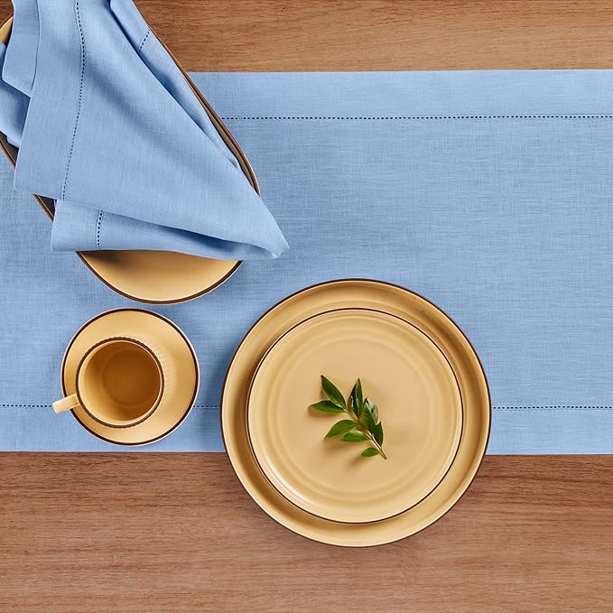 Solino Home Linen Cornflower Blue Hemstitch Table Runner 60 Inches - 100% Pure Linen Table Runner 14 x 60 Inch Ideal for Dresser and Coffee Tables - Classic Hemstitch - Spring, Easter