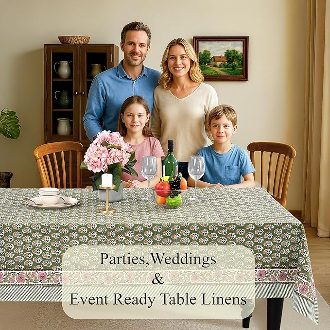CPC Tablecloth 100% Cotton 60x60 Inch Indian Block Print Easter Square Table Cover, Table Cloth for Weddings, Parties- Jade Green 4-Seater