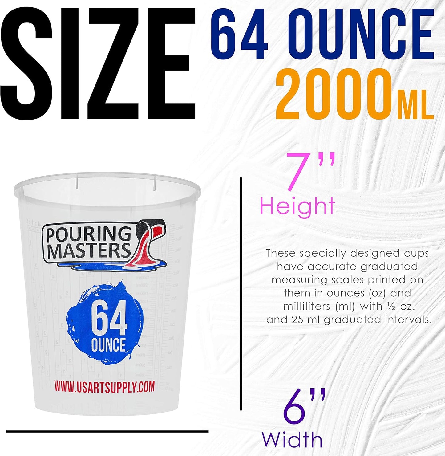Pouring Masters 64 Ounce (2000ml) Graduated Plastic Mixing Cups (Box of 12) - Paint Mixing Cups for Epoxy Resin, Art, Kitchen, Baking - Measurements in OZ and ML, 4 Different Measuring Ratios 1:1