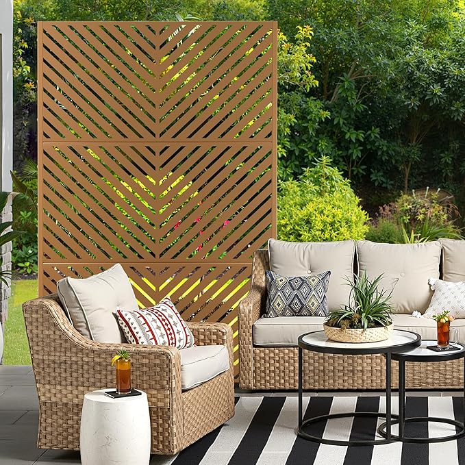 Metal Privacy Screen for Outdoor & Indoor Use, Free Standing Privacy Screen for Patio Garden Pool, 72" H x 47" W Decoative Privacy Panels, Weather Resistant, Easy Assembly (Rust Parallel Line)
