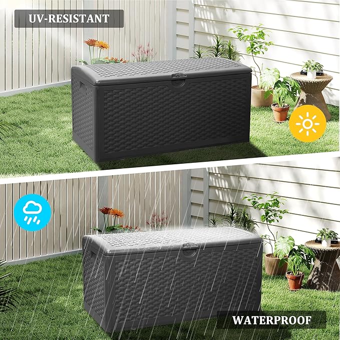 90 Gallon Resin Deck Box, Waterproof Outdoor Storage Bin for Patio, Poolside, and Garden, Lockable & UV-Resistant, Ideal for Small Spaces, Black