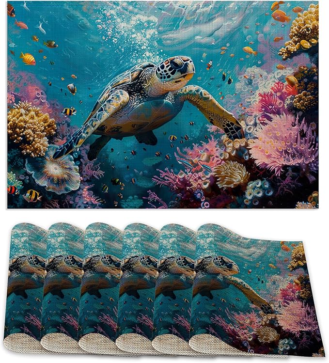 Sea Turtle Placemats Set of 6,Fish Coral Colorful Waterproof Non-Slip Washable Table Mats for Kitchen Dining Holiday Party Wedding Decor 12x18 Inch