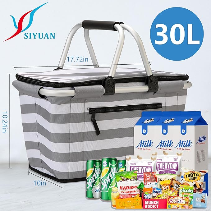 SIYUAN 30L Picnic Basket with Handles Leakproof Large Stripped Insulated Cooler Grocery Shopping Market Tote for Family Gray White