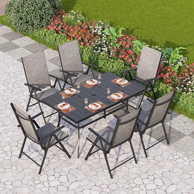 PHI VILLA Patio Dining Set for 6, Outdoor Dining Table and Chairs Furniture Set with Adjustable Foldable Patio Dining Chairs (Gray) & Metal Steel Table for Garden