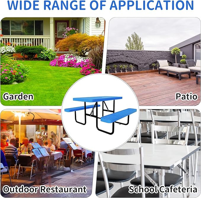 4FT Picnic Tables for Outdoors, Rectangular Commercial Metal Picnic Table Bench Set with Umbrella Hole,Heavy Duty Steel Weather-Resistant Dining Table for Patio Dining Garden Backyard BBQ School