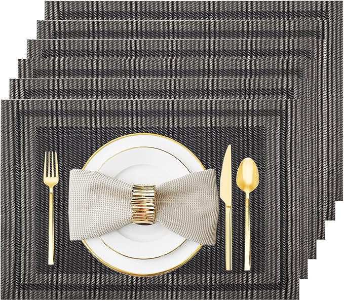 Placemats Set of 6 Washable&Wipeable Place mats for Dining Table Kitchen Indoor Outdoor Table Mats Heat Resistant Non Slip Woven Vinyl Table Placemats (Black，6PCS)