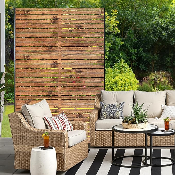 Metal Privacy Screen for Outdoor & Indoor Use, Free Standing Privacy Screen for Patio Garden Pool, 72" H x 47" W Decoative Privacy Panels, Weather Resistant, Easy Assembly (Natural Brown)