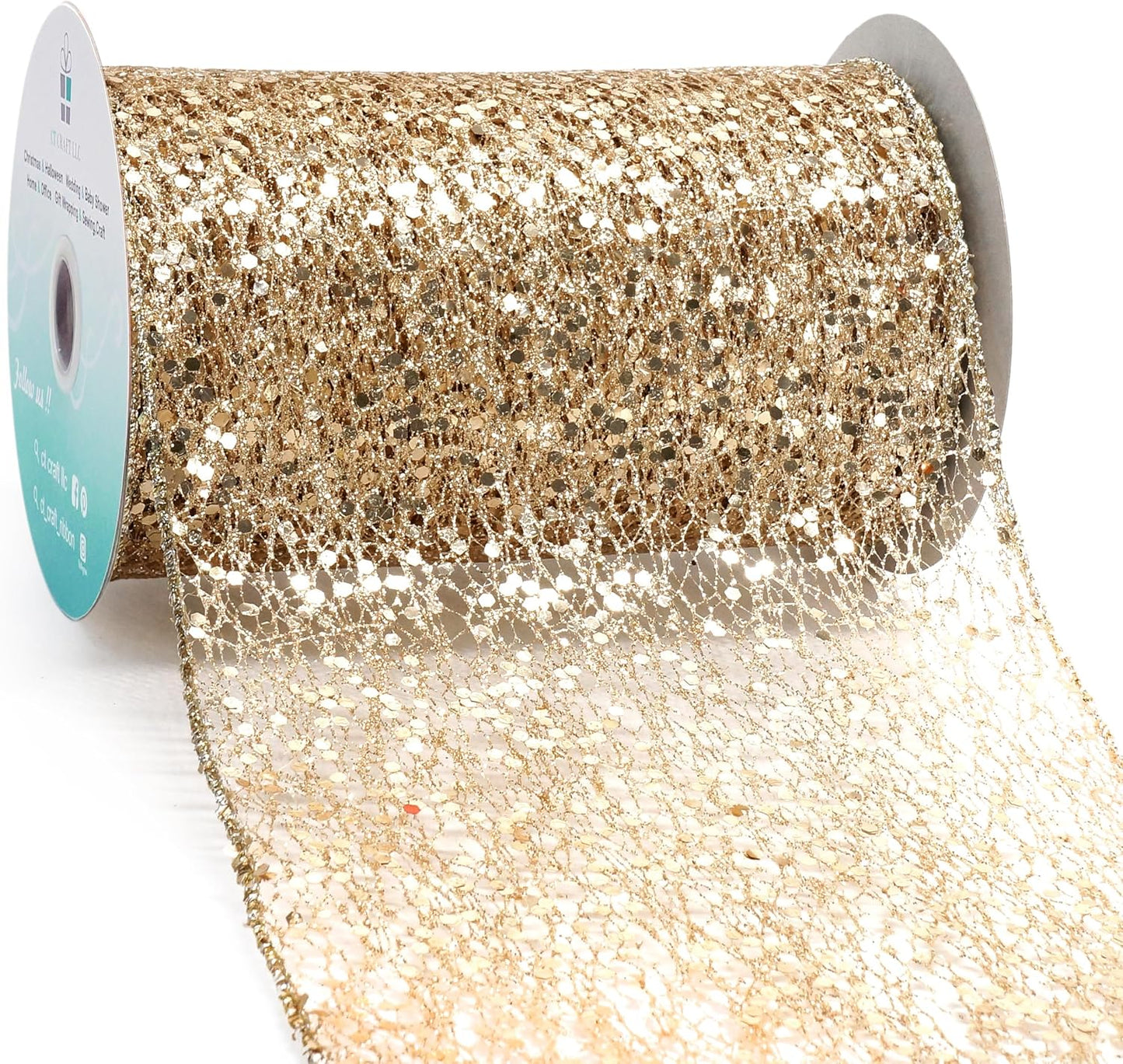 CT CRAFT LLC Sparkling Glitter Mesh Wired Ribbon 6" x 10 Yards Champagne Gold for Christmas Home Decor Bow Gift Wrapping DIY Crafts Wreath