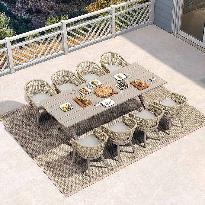 PURPLE LEAF Outdoor Dining Set All-Weather PE Rattan Outdoor Patio Dining Furniture Set with All Aluminum Frame Rectangular Table and 8 Chairs Set for Lawn Garden Backyard Deck, Champagne