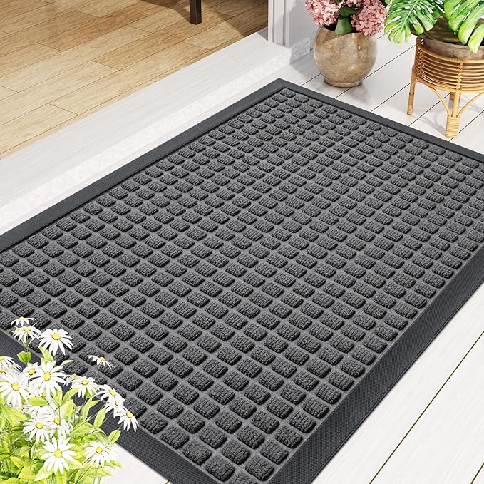 Smiry Front Door Mat Outside Entrance, Heavy Duty Natural Rubber Doormat, Non Slip, Trap Dirt and Moisture, Easy Clean, Low Profile Welcome Floor Mats for Indoor Outdoor Entry, 29.5x17 Inch, Grey