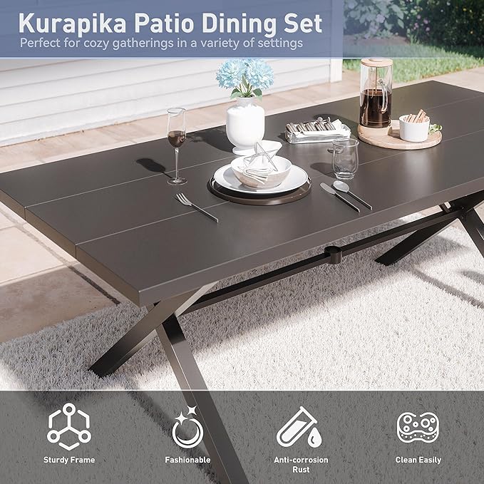 Kurapika 7-Piece Patio Dining Set, Patio Furniture Set for 6, Outdoor Large Metal Table with Umbrella Hole and Textilene Chairs, for Garden, Deck, Porch, Pool All Weather, Brown