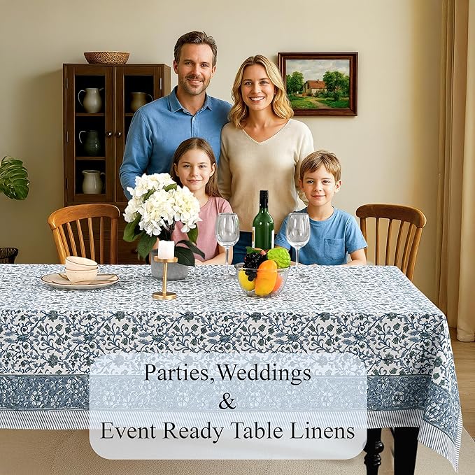 CPC Ocean Vine Tablecloth 100% Cotton 60x60 Inch Indian Block Print Rectangle Table Cover, Table Cloth for Gifting in Weddings, Halloween, Fall, Christmas, Thanksgiving