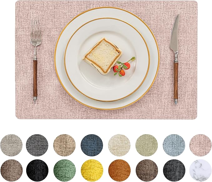 Romanstile Vinyl Placemats Set of 12-12 X 17 Inch - Heat Resistant Place Mats 100% Waterproof Oilproof Wipeable Reversible Faux Leather Table Mats for Kitchen, Dining, Party, Outdoor, Pink