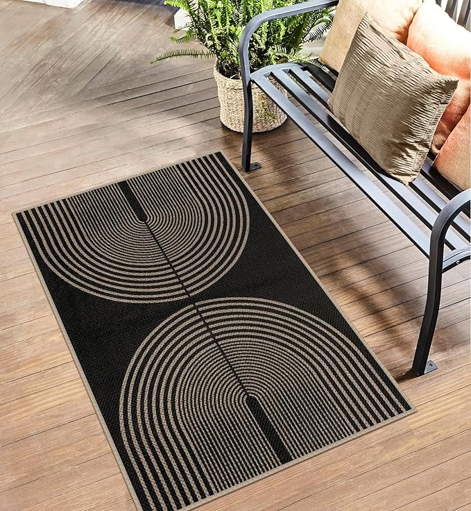 Easy Jute Rainbow Entryway Rug, 2.6x4 Black Washable Non-Slip Indoor Outdoor Doormat, Boho Farmhouse Neutral Kitchen Rug Modern Abstract Throw Rugs for Entrance Bedroom Bathroom