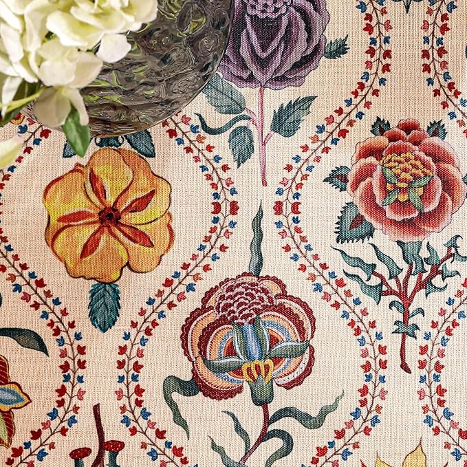 Vintage French Small Square Tablecloth,Linen Durable Tablecloth with Rose and Cornflower Pattern,Decorative Table Cover for Kitchen,Dining,Thanksgiving,Living Room,55" × 55"-Lanae