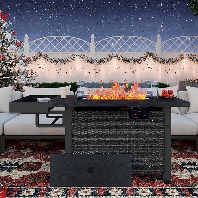 Sundale Outdoor 52 Inch Outdoor Fire Pit Table, 50,000 BTU Propane Fire Pits with Storage Shelf, Glass Wind Guard and Lid, Wicker Patio Gas Fire Pit for Outside Patio and Garden, CSA-Listed(Grey)