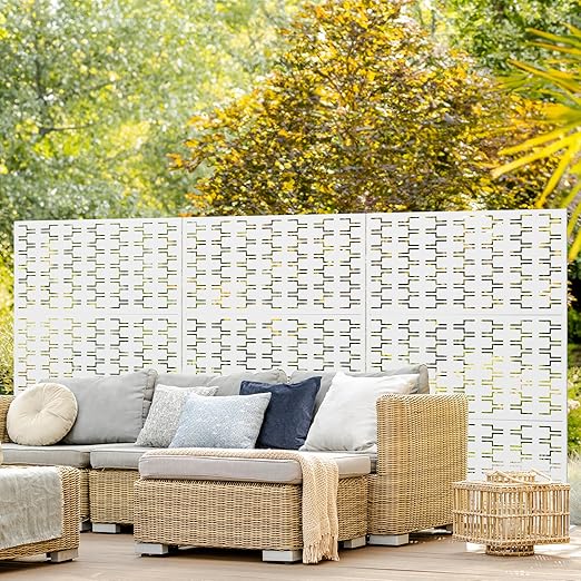 Casaphoria Metal Privacy Screen Outdoor, 72" H x 47" W Freestanding Decorative Privacy Screen for Patio Deck Balcony Garden with Stable Base, White-Square