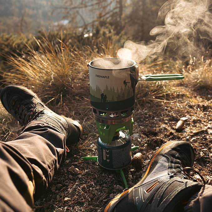 Fire-Maple "Fixed Star 3" Personal Cooking System | Pot/Jet Burner Stove System with Electric Ignition | Ideal for Hiking, Camping, Backpacking, Fishing, Hunting Trips and Emergency Use, Green
