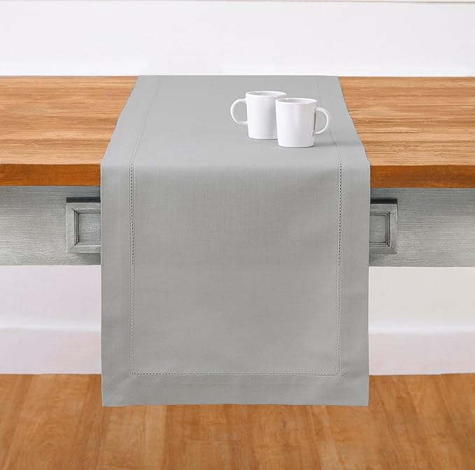 Solino Home Cotton Linen Light Grey Table Runner 72 Inches Long - Hemstitch Table Runner 14 x 72 Inch for Dresser, Dining, Spring, Easter