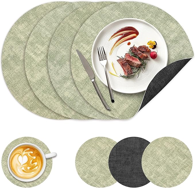 13" Round Placemats Set of 4, NCUE Dual-Sided Faux Leather Heat Resistant Table Mats, Waterproof Oilproof Washable Protective Table Placemats with Coaster, Wipeable Vinyl for Indoor & Outdoor Use