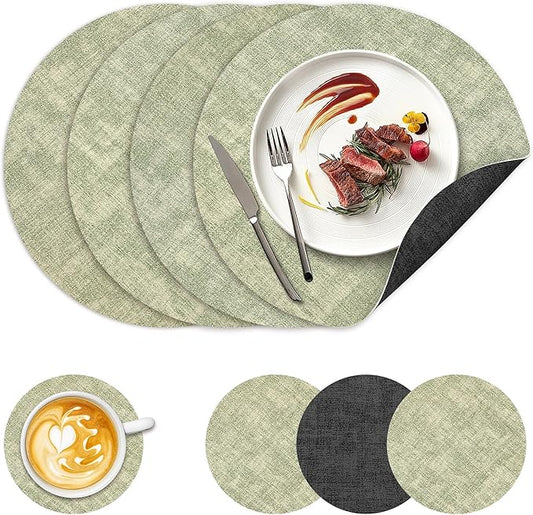 13" Round Placemats Set of 4, NCUE Dual-Sided Faux Leather Heat Resistant Table Mats, Waterproof Oilproof Washable Protective Table Placemats with Coaster, Wipeable Vinyl for Indoor & Outdoor Use