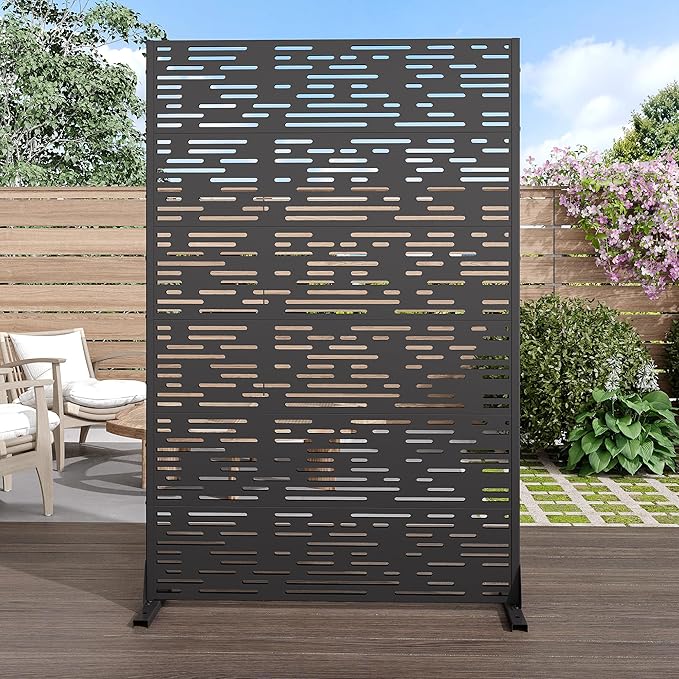 Casaphoria 72" H x 47" W Metal Privacy Screen, Outdoor Freestanding Decorative Divider for Patio, Deck, Balcony, and Garden with Stable Base, Black-Godfrey