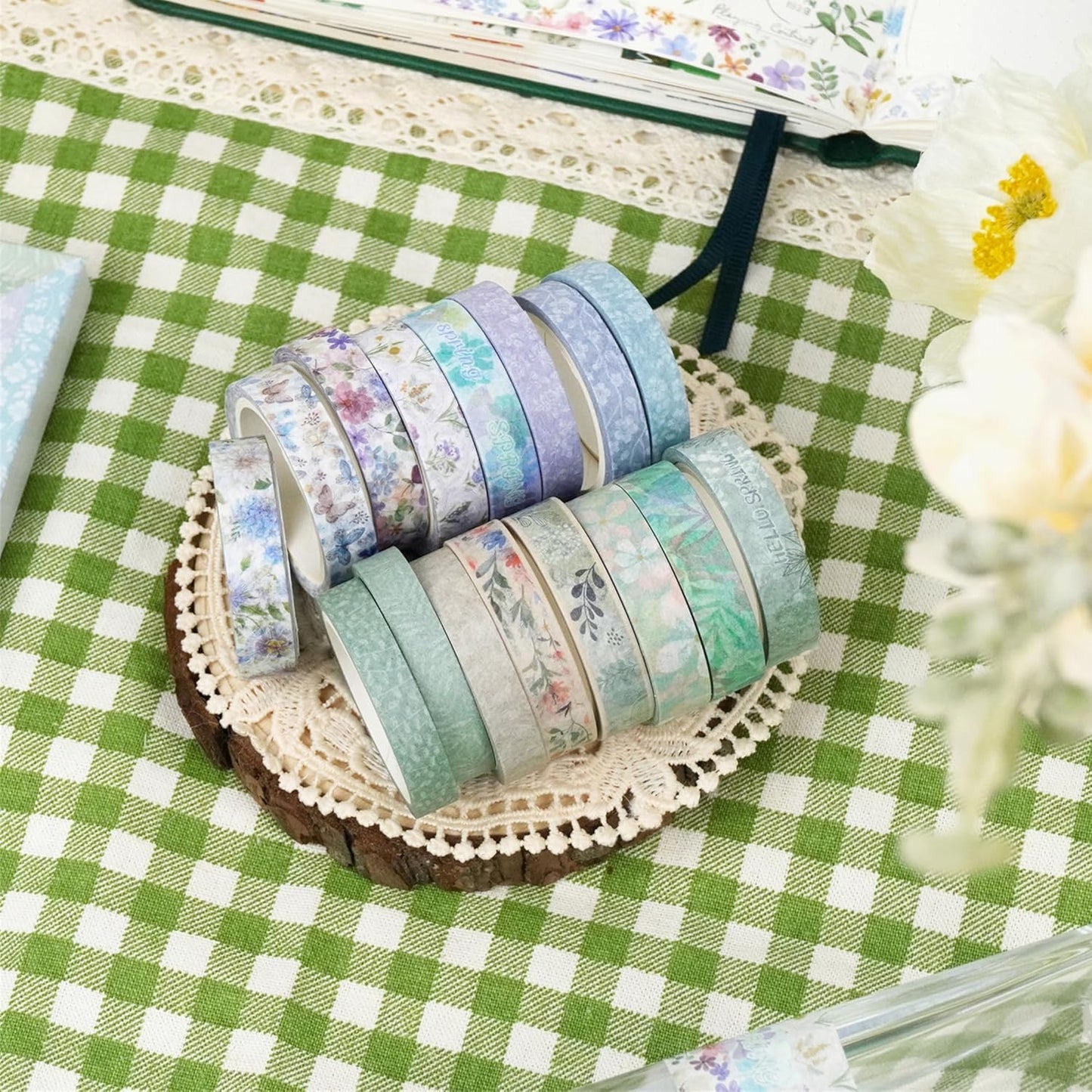 YUBX Spring Washi Tape Set 16 Rolls Flowers Printed Embellishment Green Decorative Masking Tapes for Arts, DIY Crafts, Journals, Planners, Scrapbook, Wrapping