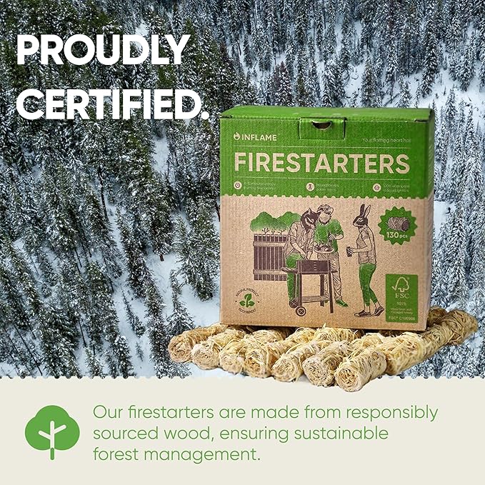 Inflame Fire Starters 130 pcs Fire Starters for Campfires, Grill, BBQ, Fireplace, Woodstove - Charcoal Starter - Waterproof, Weather-Resistant - Natural Wood Fireplace Starters