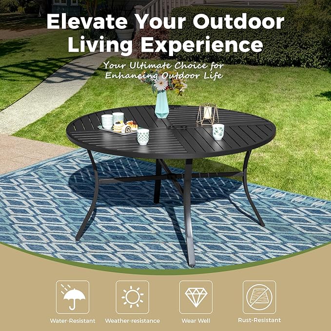 Outdoor Patio Round Dining Table, 42"x 42" Metal Small Round Table with Adjustable Umbrella Hole, All Weather Wrought Iron Black Outdoor Table for Deck Lawn Garden Backyard, Black
