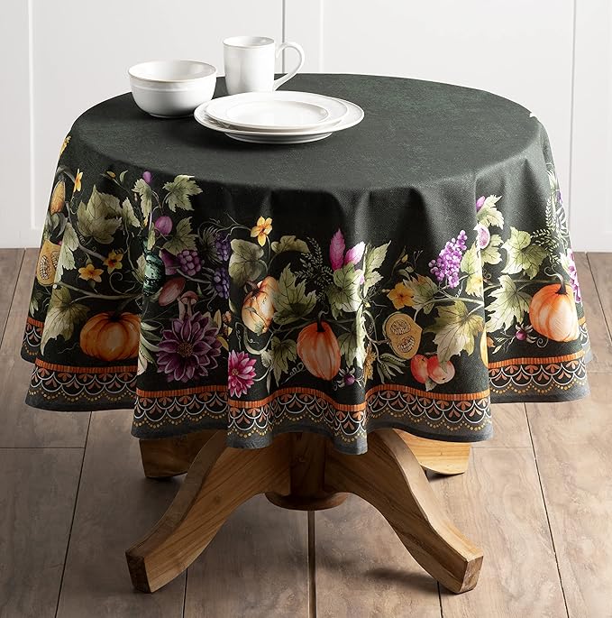 Maison d' Hermine Table Cloth Round Table 100% Cotton 63 Inches Fall Tablecloth Reusable Everyday Use for Thanksgiving Christmas Decorations Dining Farmhouse Party (Pumpkin Garden - Dark Green)