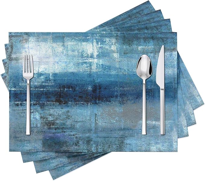 Modern Art Placemats Set of 4 Blue and Grey Abstract Painting Place Mats Washable Linen Placemat for Kitchen Dining Table Home Party Dinner Decor 18x12 Inches