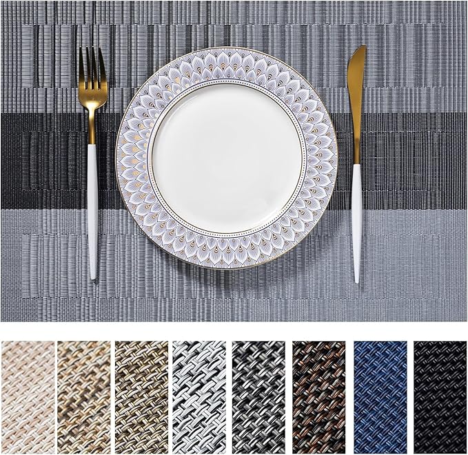 LEXMORE Placemats Vinyl/Plastic Woven Place Mats for Kitchen Table Indoor/Outdoor Washable Placemat Wipeable Dining Table Mats Set of 12 (Silver Gray Black)