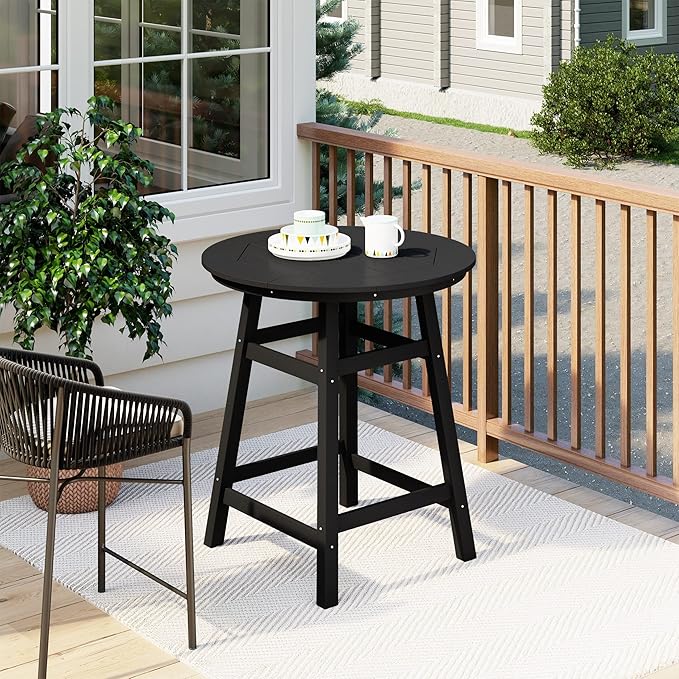 Costaelm Patio Bistro Table, 37" Counter Height Round Patio Cocktail Bar Table with Umbrella Hole, Outdoor Bistro Dining Pub Table for Front Porch Deck Backyard Garden, Black