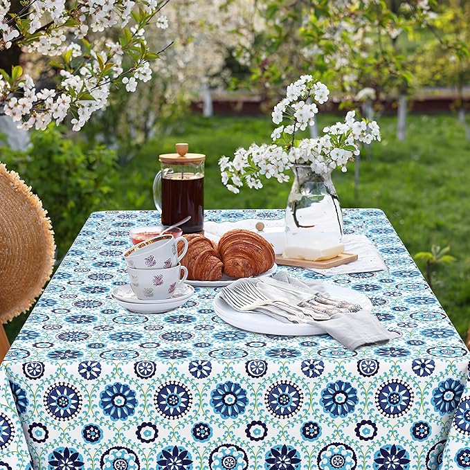 misaya Rectangle Waterproof Vinyl Table Cloth, Wipeable Tablecloth with Flannel Backing, Plastic Table Cover for Dinner, Picnic, Indoor and Outdoor (Navy Mandala, 60" x 84")