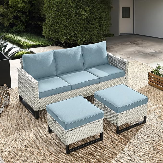 HUMMUH Outdoor Ottomans for Patio Set of 2 PE Wicker Outdoor Footstool with Removable Weather-Resistant Cushions for Patio, Backyard Light Grey Lake Blue