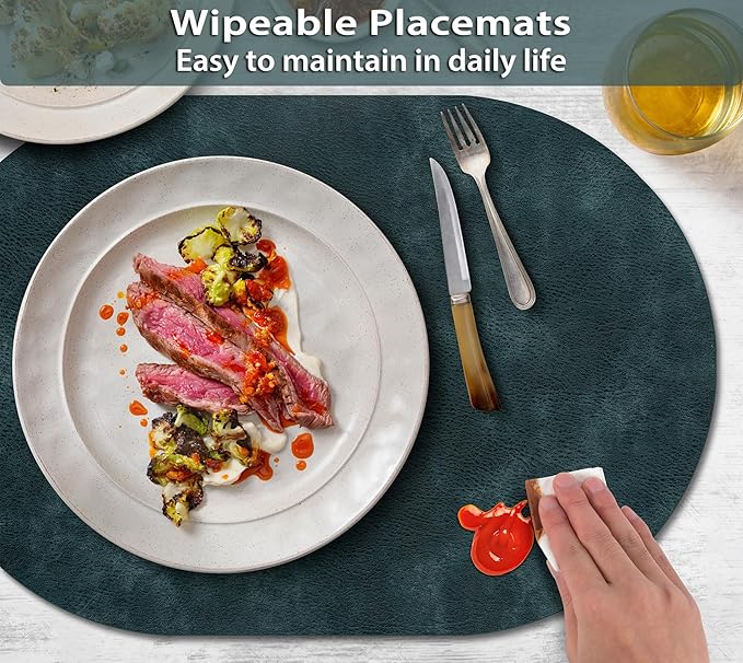 ADRIMER Placemats, Heat Resistant Oval Placemats Set of 4 Washable 12 x 17 Inch, Waterproof Table Mats, Wipeable Pu Place Mats for Kitchen, Dining Room, Dark Blue