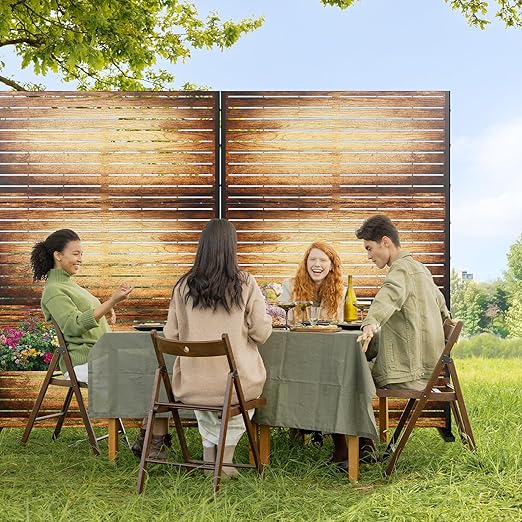 Casaphoria 72" H x 47" W Metal Outdoor Privacy Screen, Freestanding Decorative Divider for Patio, Deck, Balcony, and Garden with Stable Base, Wood Color