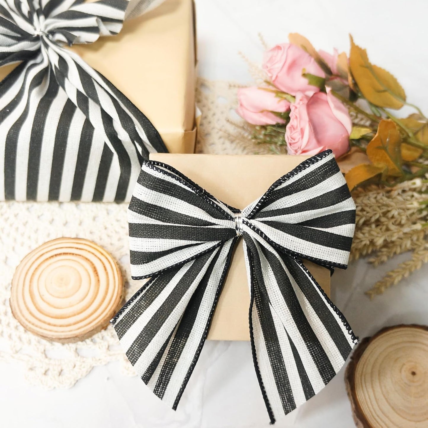 CT CRAFT LLC Striped Canvas Cotton Ribbon 2.5" x 10 Yards Ivory/Black Stripes for Thanksgiving Christmas Home Décor Gift Wrapping Outdoor Tree Topper Bow Wreath