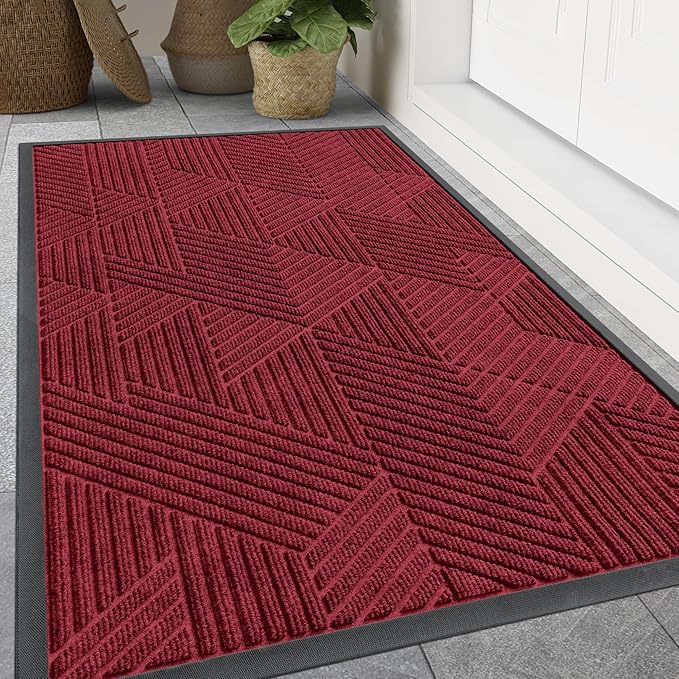 Smiry Front Door Mat Outside Entrance, Heavy Duty Sturdy Natural Rubber Doormat, Trap Dirt and Moisture, Easy Clean Low Profile Mats for Indoor Outdoor Entry, Irregular Triangle (71x24, Wine Red)