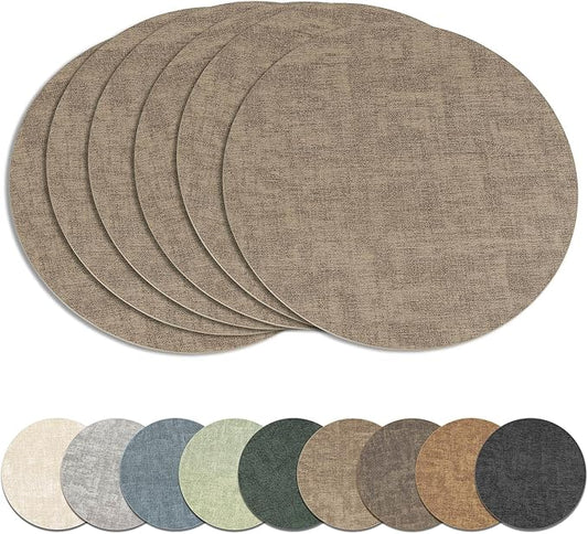 13" Round Placemats Set of 6, Reversible Faux Leather Heat Resistant Table Mats, Waterproof Oilproof Wipeable Table Protective Placemats for Vinyl, Washable for Indoor & Outdoor Use (6, Light Coffee)